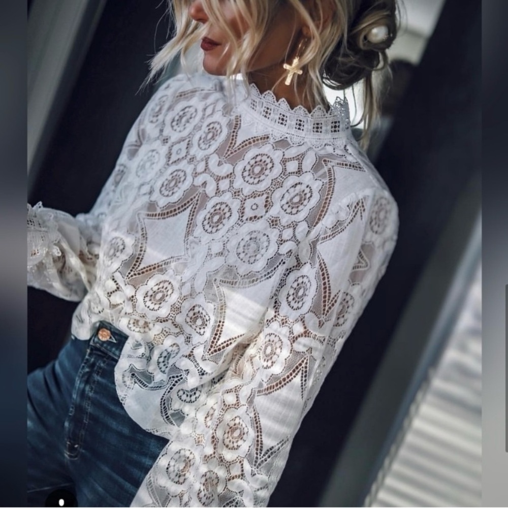 Romantic Victorian Inspired Lace Crochet High-Neck White Women's Top - Picture 4 of 5